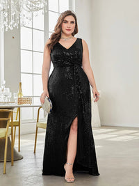 Black Sequins Elegant Slit Formal Prom Evening Dress 4