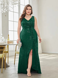 Dark Green Sequins Elegant Slit Formal Prom Evening Dress 4