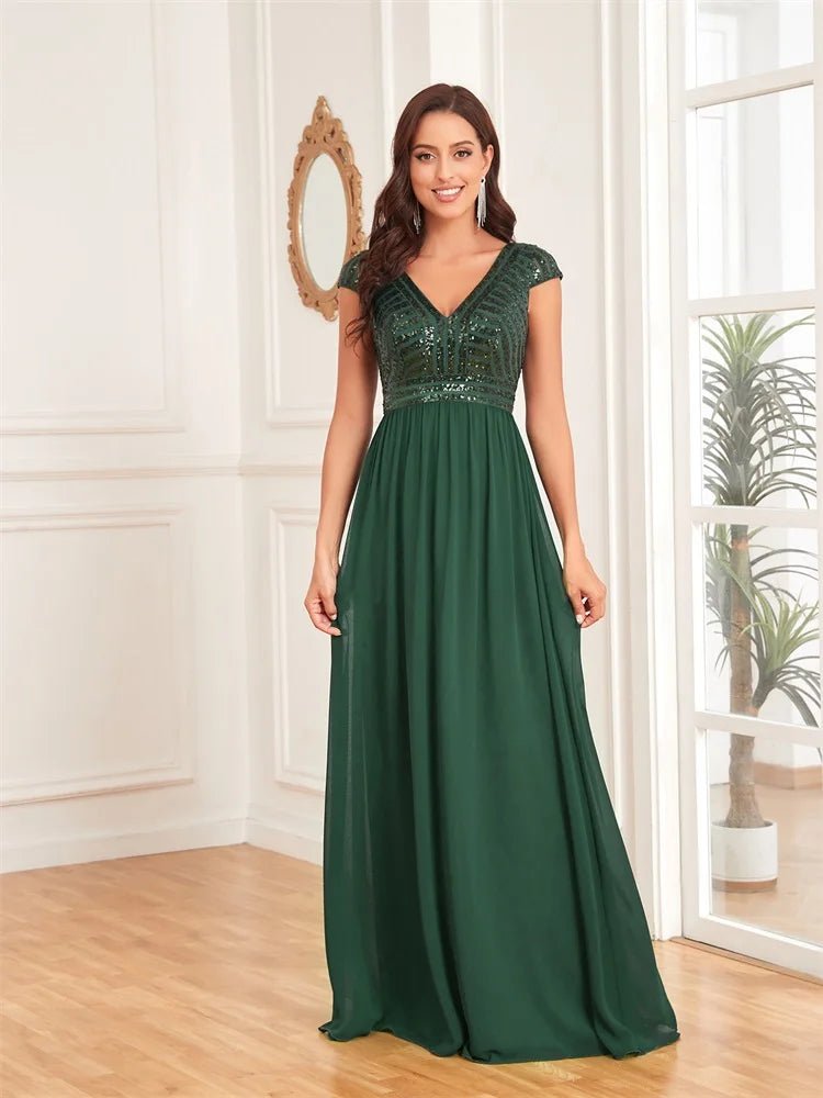 Sequins Embellished Dark Green A-Line Cap Sleeve Dress