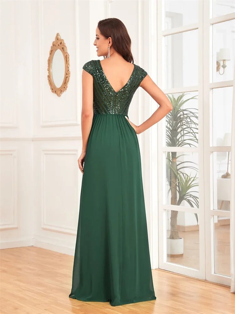 Sequins Embellished Dark Green A-Line Cap Sleeve Dress