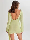 Green Sexy Backless Long Sleeve Knit Mini Dress S