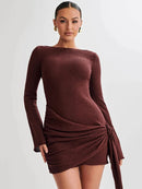 Brown Sexy Backless Long Sleeve Knit Mini Dress S