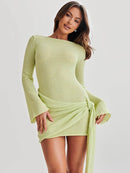 Green Sexy Backless Long Sleeve Knit Mini Dress S