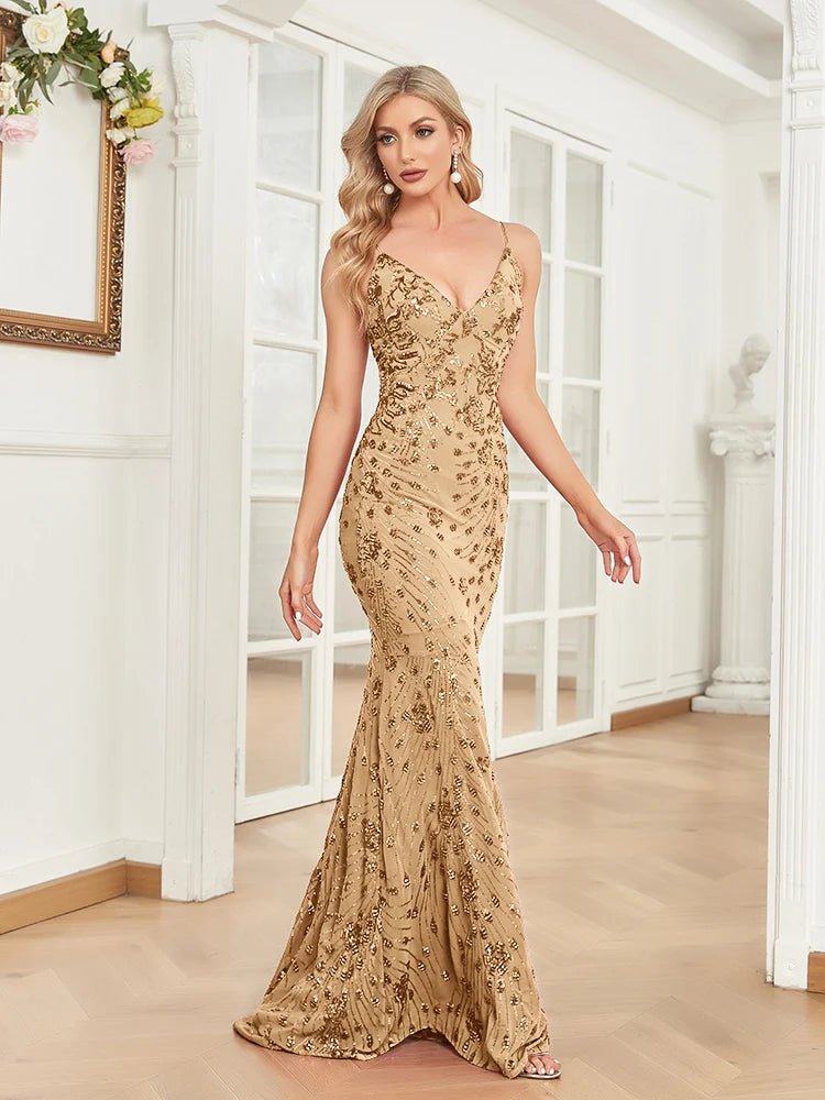 Sexy Champagne Mermaid Sequin Evening Formal Dress