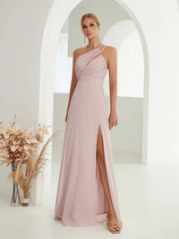 Pink Sexy Chest Pleated With Cut - out Chiffon Bridesmaid Dress L