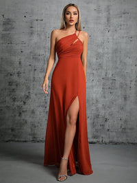 Burnt Orange Sexy Chest Pleated With Cut - out Chiffon Bridesmaid Dress S