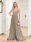 Gray Sexy Deep V - Neck A - Line Sequins Formal Evening Gown 3XL