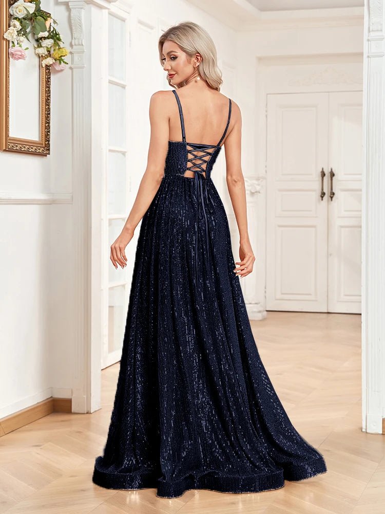 Navy Blue Sexy Deep V - Neck A - Line Sequins Formal Evening Gown S