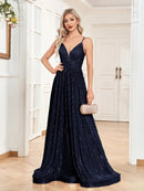 Navy Blue Sexy Deep V - Neck A - Line Sequins Formal Evening Gown S