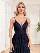 Navy Blue Sexy Deep V - Neck A - Line Sequins Formal Evening Gown S