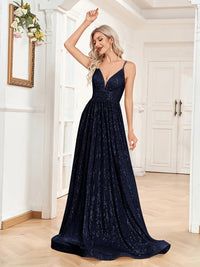 Navy Blue Sexy Deep V - Neck A - Line Sequins Formal Evening Gown S