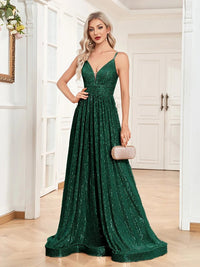 Dark Green Sexy Deep V - Neck A - Line Sequins Formal Evening Gown M