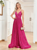 Fuchsia Sexy Deep V - Neck A - Line Sequins Formal Evening Gown M