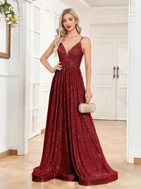 Burgundy Sexy Deep V - Neck A - Line Sequins Formal Evening Gown S