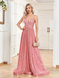 Pink Sexy Deep V - Neck A - Line Sequins Formal Evening Gown M