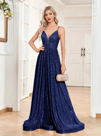 Navy Blue Sexy Deep V - Neck A - Line Sequins Formal Evening Gown M