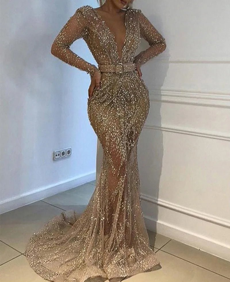 Sexy Deep V-Neck Gold Sequin Long Sleeve Prom Dress