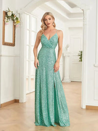 Mint Green Sexy High Slit Mint Green Sequin Prom Dresses S