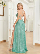 Mint Green Sexy High Slit Mint Green Sequin Prom Dresses S