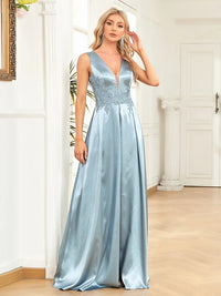 Light Blue Sexy High Slit Satin A - Line Long Formal Evening Gown M