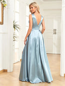 Light Blue Sexy High Slit Satin A - Line Long Formal Evening Gown M