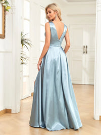 Light Blue Sexy High Slit Satin A - Line Long Formal Evening Gown M