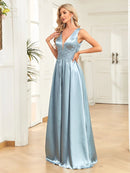 Light Blue Sexy High Slit Satin A - Line Long Formal Evening Gown M