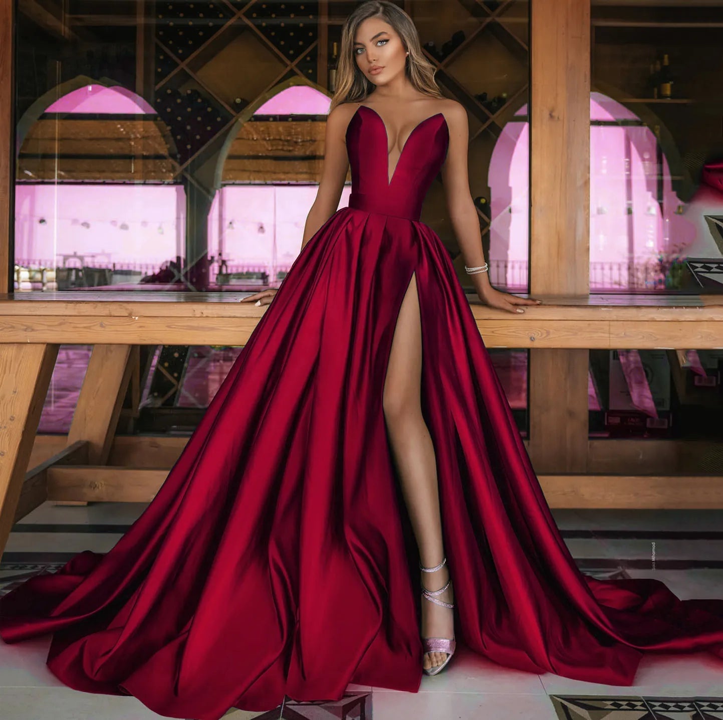 Sexy High Slit Strapless Long Party Prom Dress