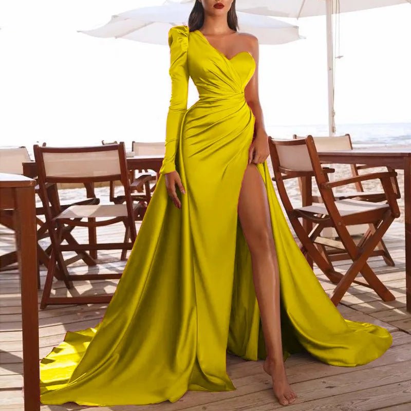 Sexy High Slits One Shoulder Long Tail Banquet Dress