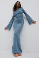 Light Blue Sexy See - Through Long Sleeve Knit Maxi Dress L