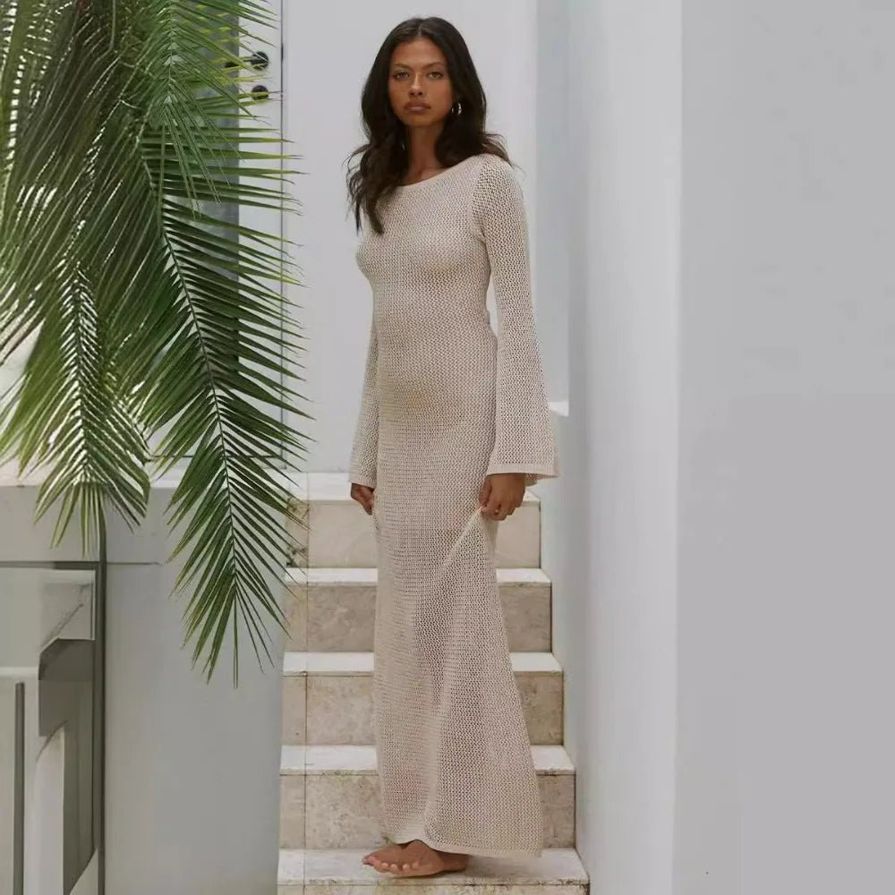 Sexy See-Through Long Sleeve Knit Maxi Dress