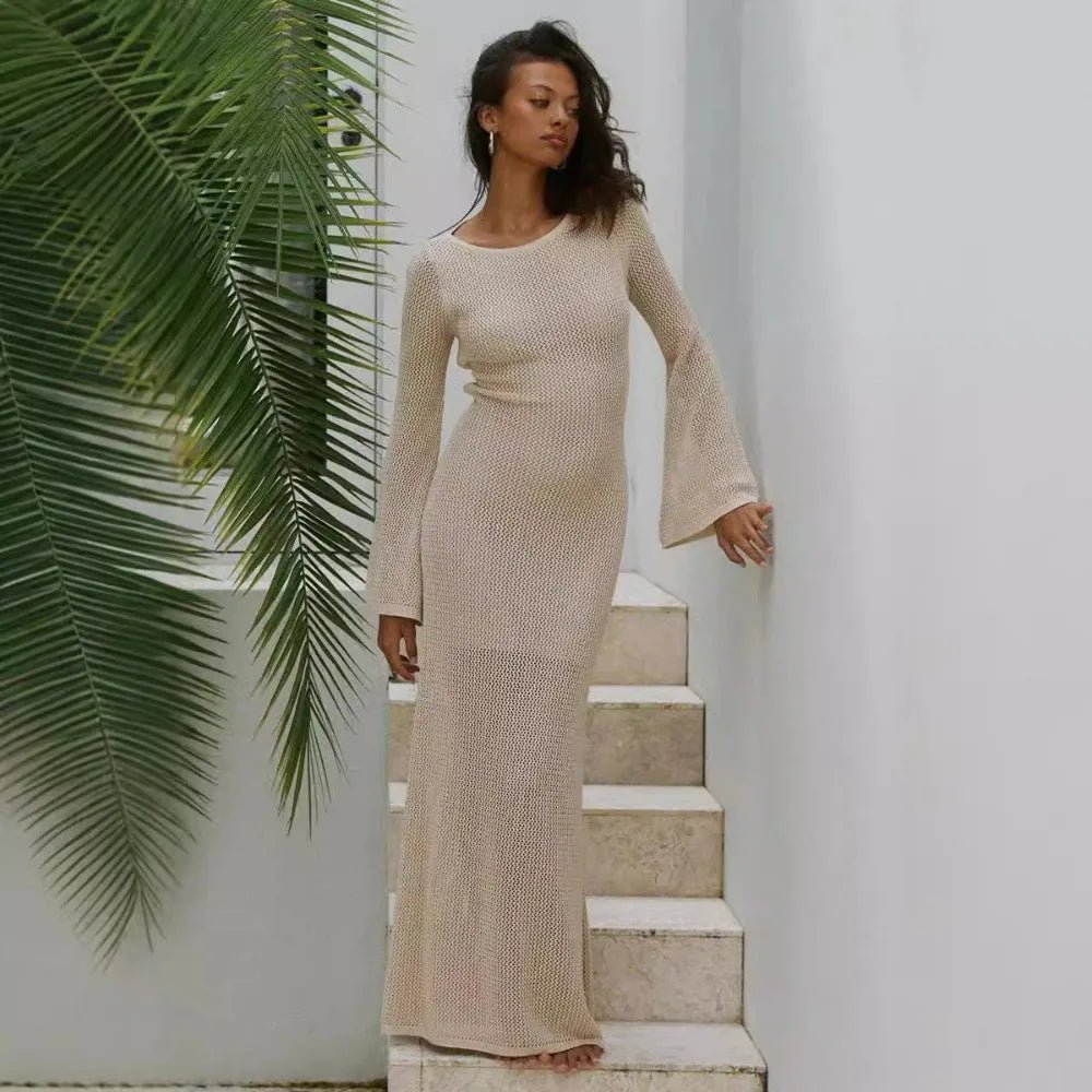 Apricot Sexy See - Through Long Sleeve Knit Maxi Dress S