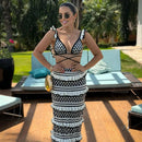 Black and White Sexy Striped Knitted Bohemian Two - Pieces Beach Dress L