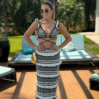 Black and White Sexy Striped Knitted Bohemian Two - Pieces Beach Dress L