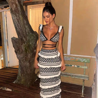 Black and White Sexy Striped Knitted Bohemian Two - Pieces Beach Dress L