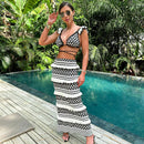 Black and White Sexy Striped Knitted Bohemian Two - Pieces Beach Dress L