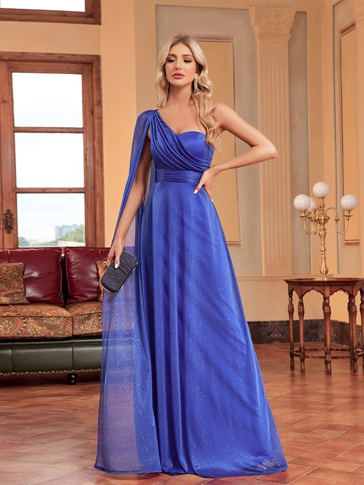 Shiny Royal Blue One Shoulder Chiffon Formal Dress