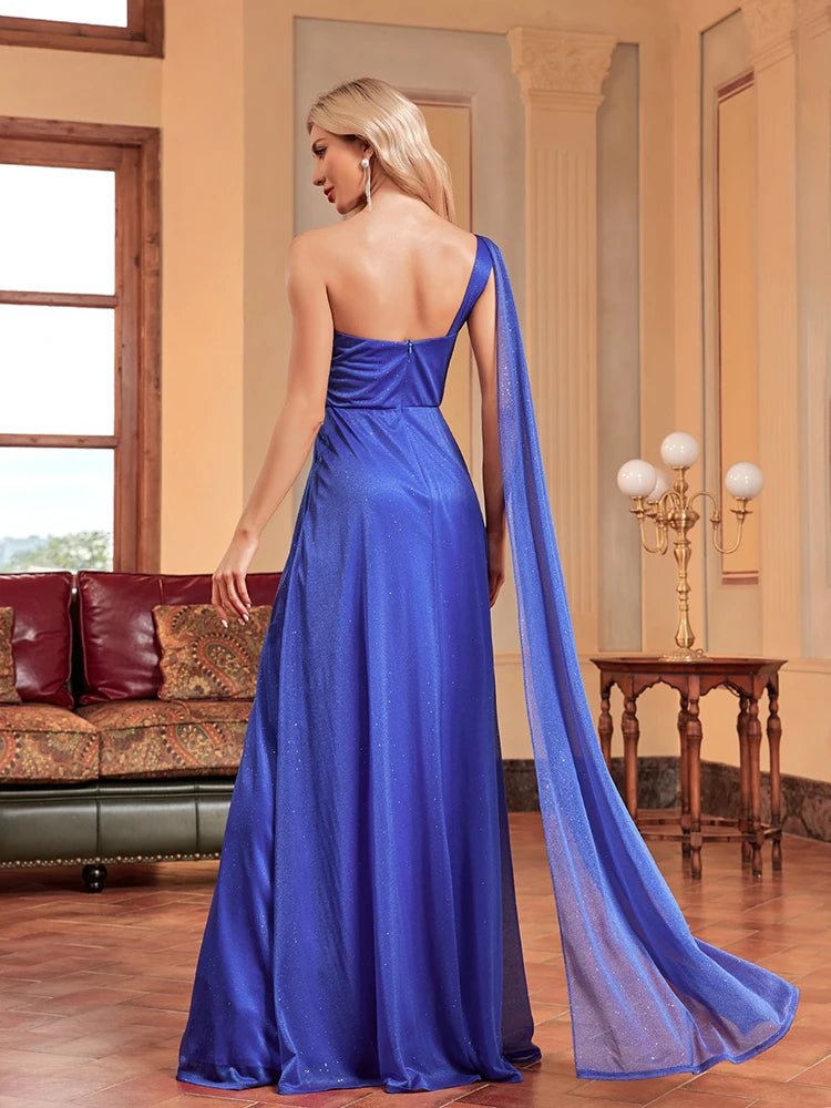 Shiny Royal Blue One Shoulder Chiffon Formal Dress