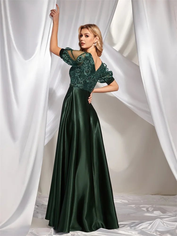 Short Sleeve Green Satin Formal Evening Dress