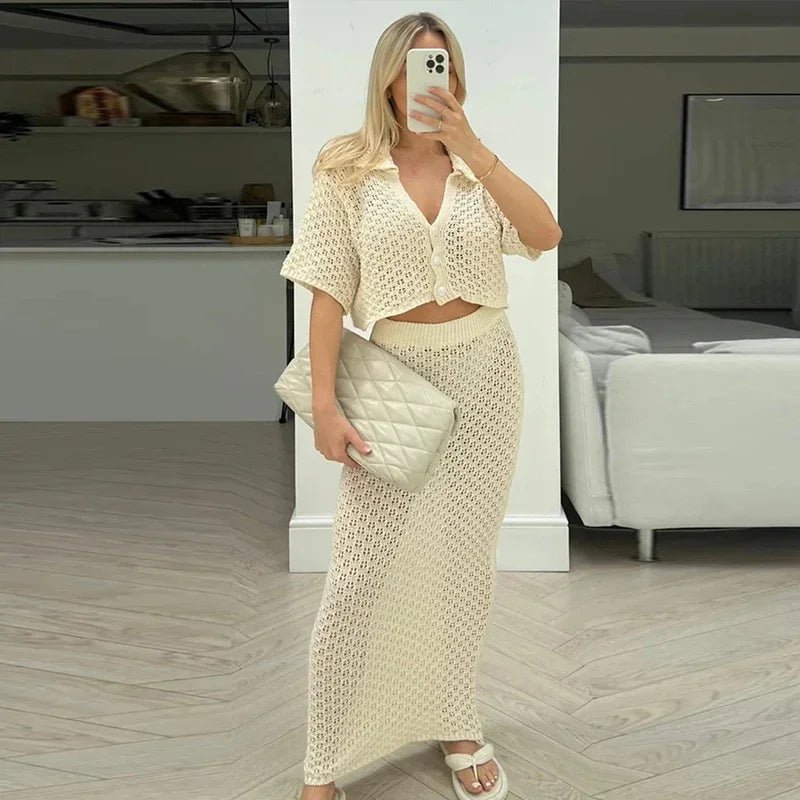 Beige Short Sleeve Knitted Hollow Out Cropped Top Maxi Dress S