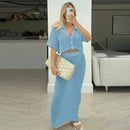 Light Blue Short Sleeve Knitted Hollow Out Cropped Top Maxi Dress L