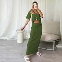 Green Short Sleeve Knitted Hollow Out Cropped Top Maxi Dress S