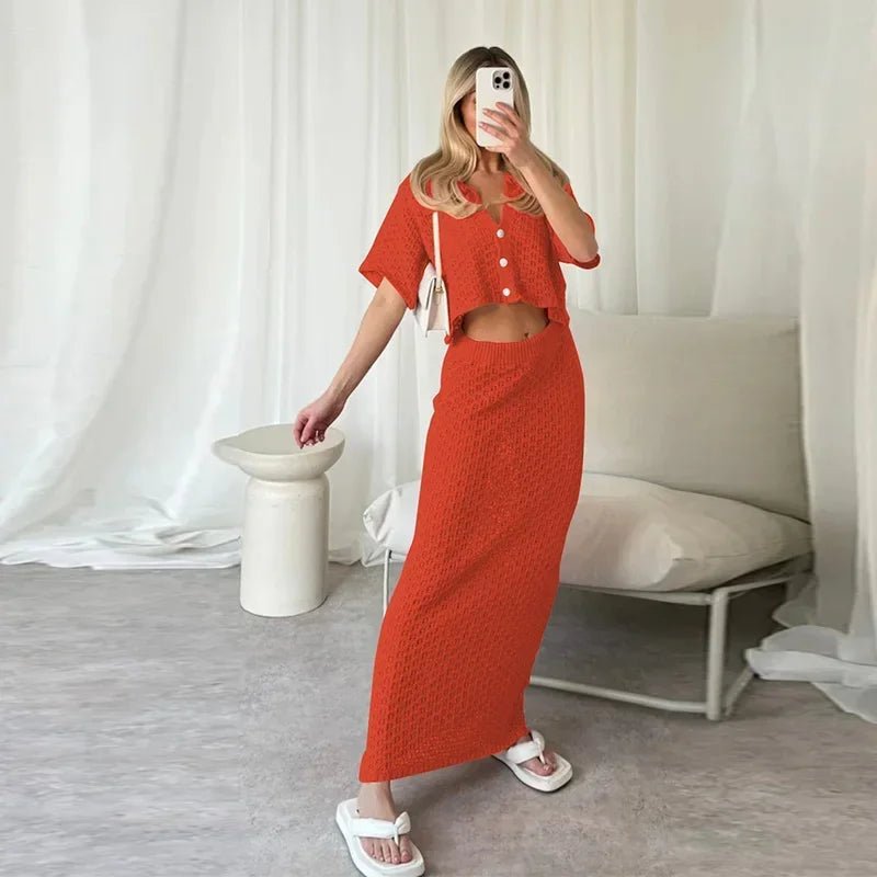 Red Short Sleeve Knitted Hollow Out Cropped Top Maxi Dress L