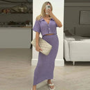 Purple Short Sleeve Knitted Hollow Out Cropped Top Maxi Dress M