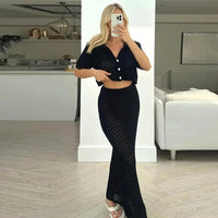 Black Short Sleeve Knitted Hollow Out Cropped Top Maxi Dress M