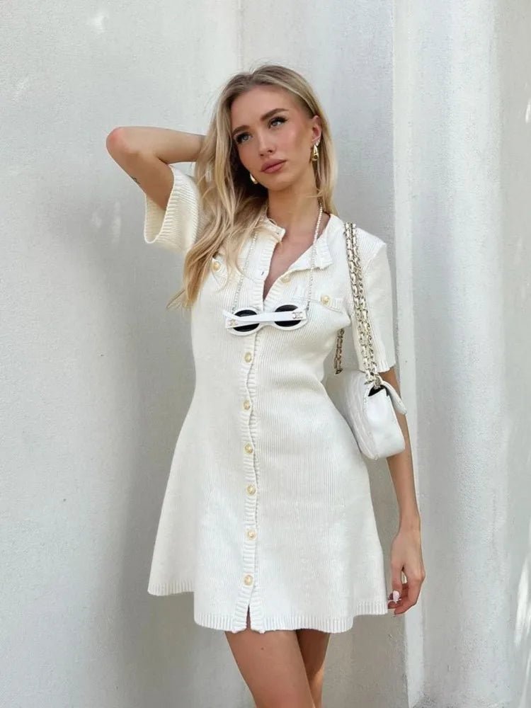 White Short Sleeve Single breasted White Knit Mini Dress S