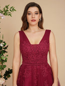 Burgundy Short Tulle Skirt Floral Embroidered Bridesmaid Dress 2