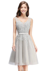 Sliver Short Tulle Skirt Floral Embroidered Bridesmaid Dress 2