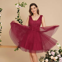 Burgundy Short Tulle Skirt Floral Embroidered Bridesmaid Dress 2