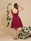 Burgundy Short Tulle Skirt Floral Embroidered Bridesmaid Dress 2